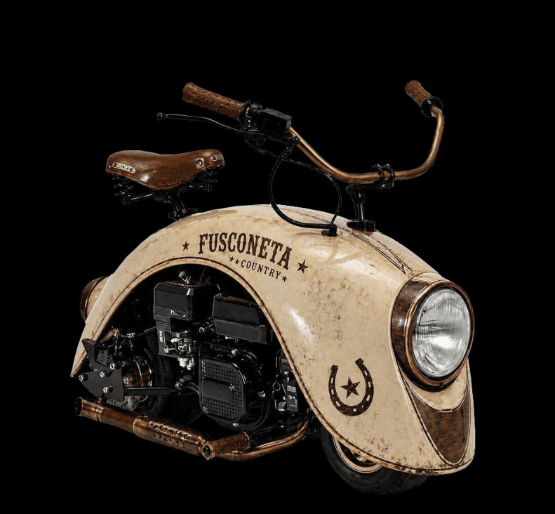 Fusconeta Country, mini moto creme inspirada no Fusca, com farol redondo, banco de couro e escapamento de cobre